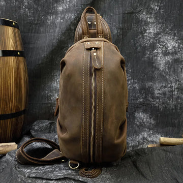 Xajzpa Men's Crazy Horse Leather Chest Bag Small Genuine Leather Travel Bag Vintage Cow Leather Crossbody Bag Cowhide Sling Bag